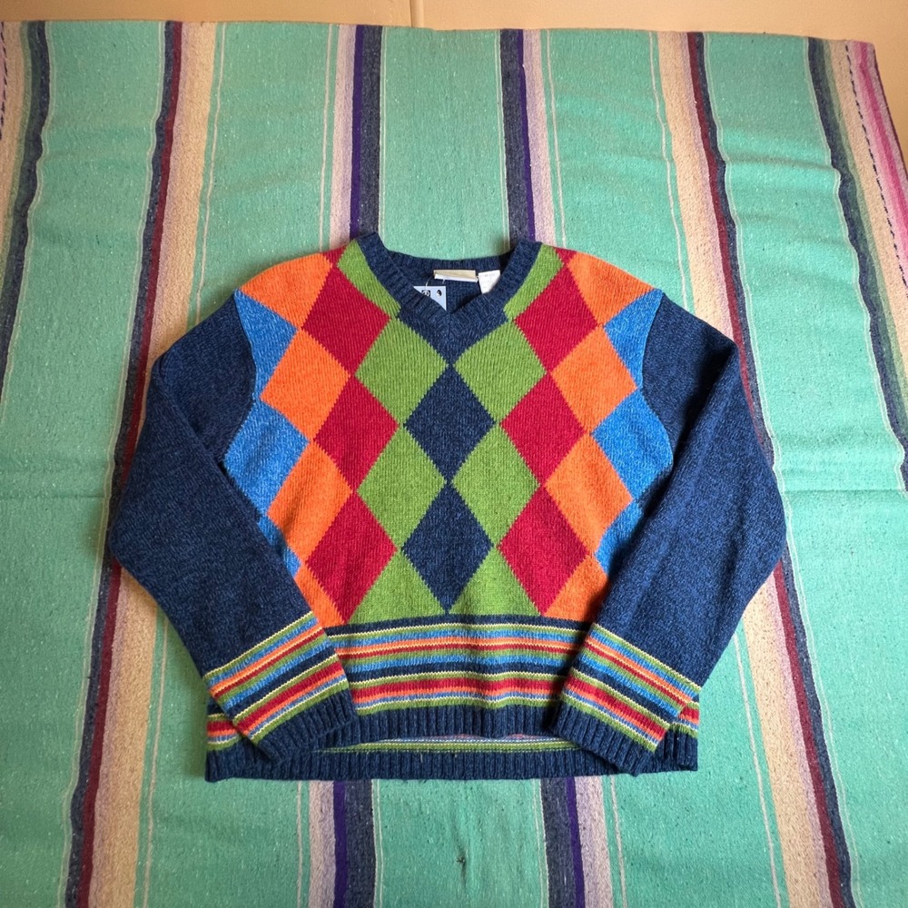 Argyle Lizwear Sweater Womens PS Blue Wool Blend V-Neck Vintage